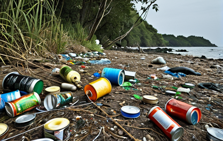 ** A scenic fishing spot marred by litter (fishing line, cans, plastic). Emphasize the contrast between the beautiful nature and the unsightly trash. Focus on creating a visually impactful image of pollution. Realism, slightly desaturated colors.

**