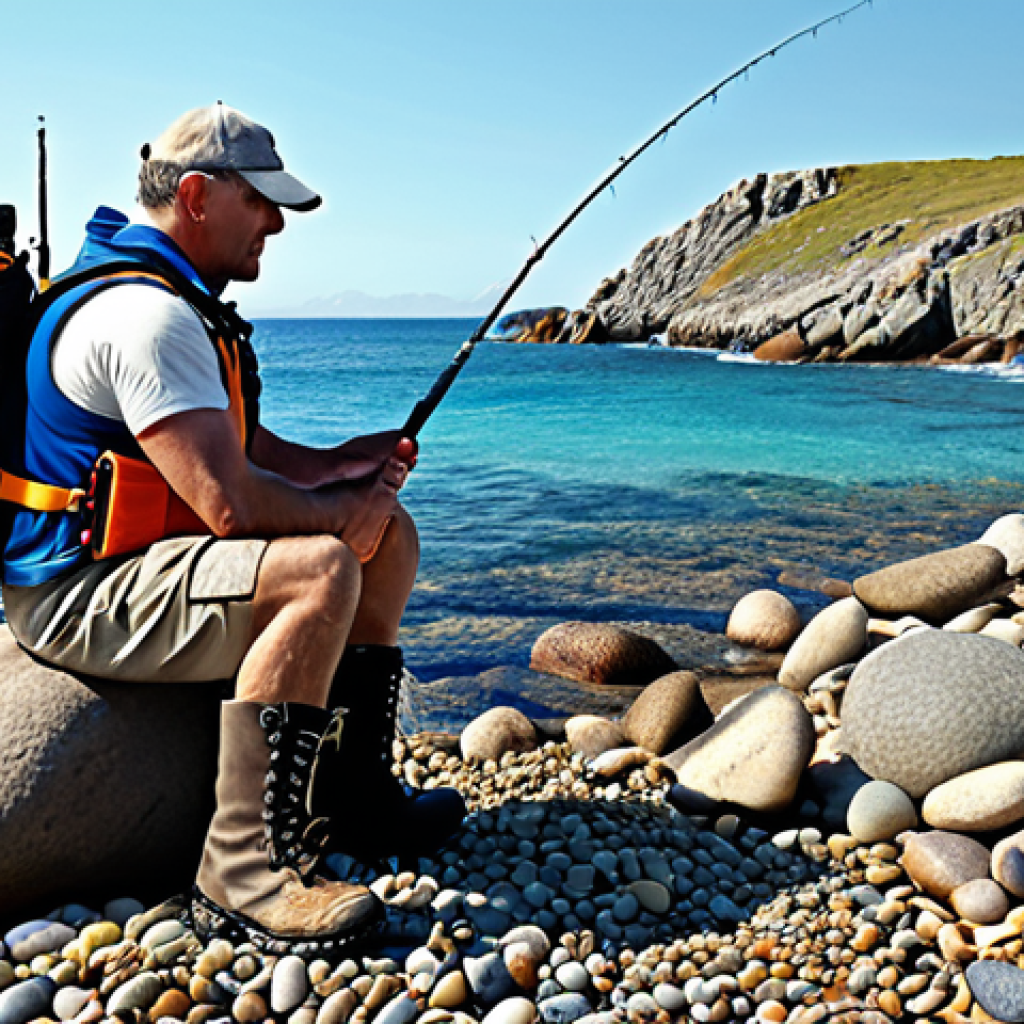 Safety First - Essential Gear for Rock Fishing**

Prompt: "Rock fishing scene, focus on a person wearing a life jacket and studded fishing boots on a rocky shore, holding a fishing rod. Emphasize safety and the ruggedness of the environment. Clear blue sea in the background. Bright daylight, realistic rendering."

**