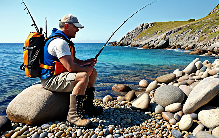 Safety First - Essential Gear for Rock Fishing**

Prompt: "Rock fishing scene, focus on a person wearing a life jacket and studded fishing boots on a rocky shore, holding a fishing rod. Emphasize safety and the ruggedness of the environment. Clear blue sea in the background. Bright daylight, realistic rendering."

**