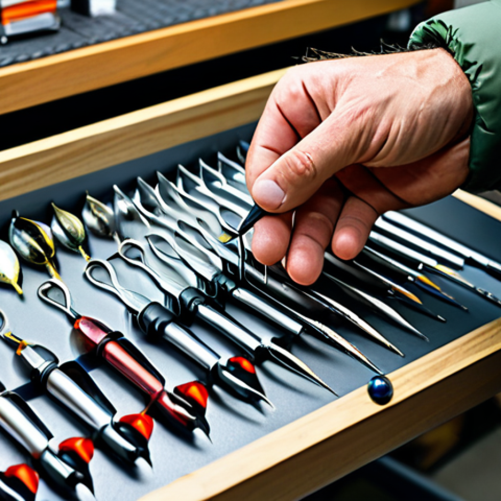 A focused fishing gear expert, wearing a practical and modest outdoor jacket, carefully examining an assortment of high-tech fishing hooks, including micro-barb and tungsten variations, displayed on a clean, well-lit workbench in a modern, organized tackle workshop. A magnifying glass rests nearby. Detailed professional photography, natural lighting, sharp focus, vibrant colors, perfect anatomy, correct proportions, well-formed hands, natural body proportions, safe for work, appropriate content, fully clothed, professional.