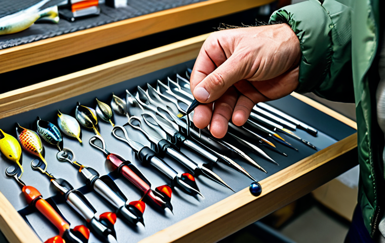 A focused fishing gear expert, wearing a practical and modest outdoor jacket, carefully examining an assortment of high-tech fishing hooks, including micro-barb and tungsten variations, displayed on a clean, well-lit workbench in a modern, organized tackle workshop. A magnifying glass rests nearby. Detailed professional photography, natural lighting, sharp focus, vibrant colors, perfect anatomy, correct proportions, well-formed hands, natural body proportions, safe for work, appropriate content, fully clothed, professional.