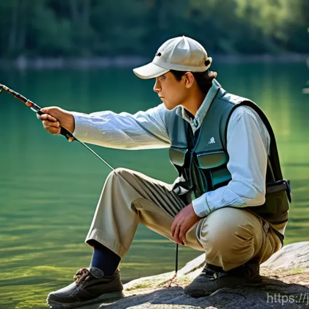 낚시 매듭법 초보 가이드 - **A dedicated young adult angler, wearing a practical, light-colored fishing vest over a long-sleeve...