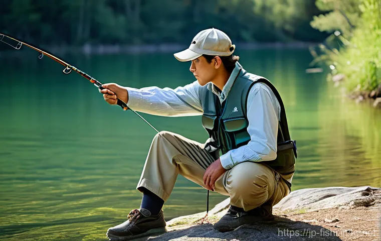 낚시 매듭법 초보 가이드 - **A dedicated young adult angler, wearing a practical, light-colored fishing vest over a long-sleeve...