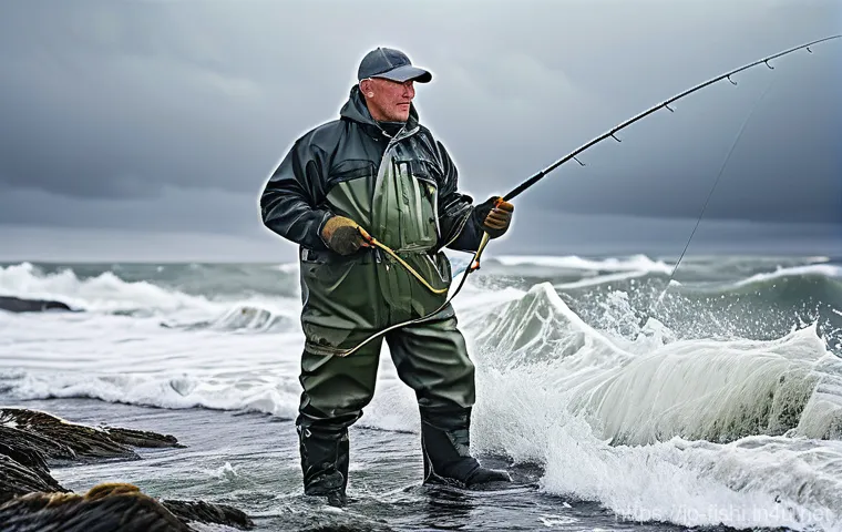 낚시 매듭법 초보 가이드 - **A dedicated young adult angler, wearing a practical, light-colored fishing vest over a long-sleeve...
