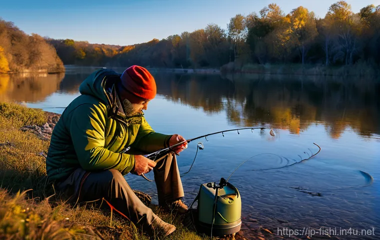 낚시 매듭법 초보 가이드 - **A dynamic, mid-shot image captures a determined angler, dressed in sturdy waterproof waders and a ...