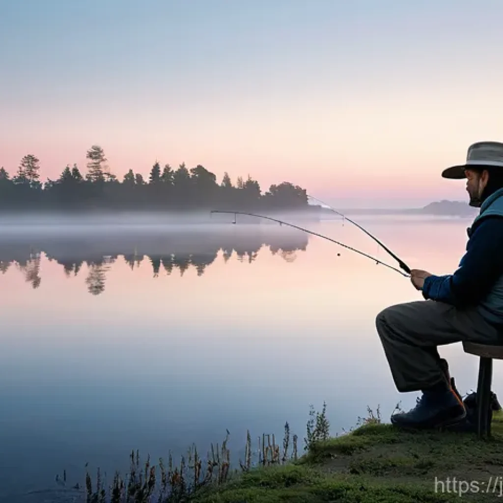 낚시 명언과 관련된 철학 - A serene portrait of a lone angler by a tranquil, glassy lake at dawn. The person, dressed in practi...