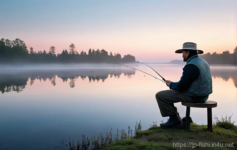 낚시 명언과 관련된 철학 - A serene portrait of a lone angler by a tranquil, glassy lake at dawn. The person, dressed in practi...