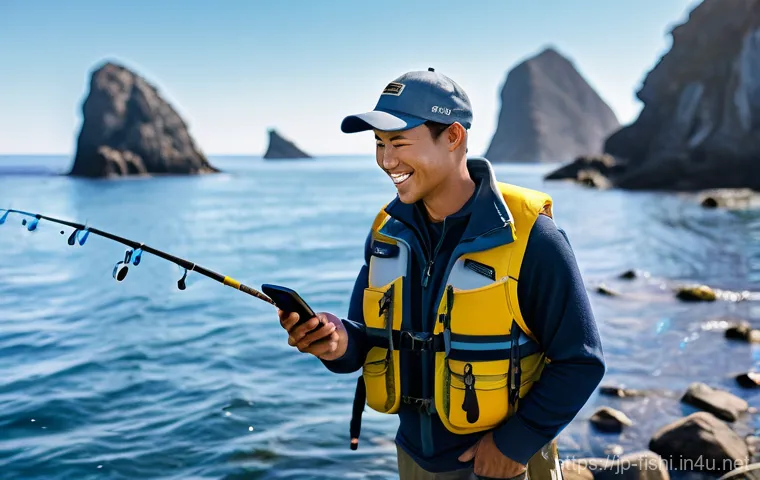낚시터 추천 앱 소개 - **Prompt:** A dynamic, wide-angle shot of a male angler in his late 20s, wearing modern fishing atti...