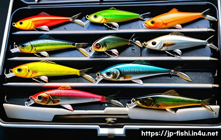 지그헤드 사용법 - A detailed close-up image of various types of jigheads arranged neatly on a fishing tackle box, show...