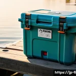 낚시용 쿨러 추천 제품 - A detailed outdoor fishing scene at a sunny Japanese lakeside during summer, featuring a modern, lig...