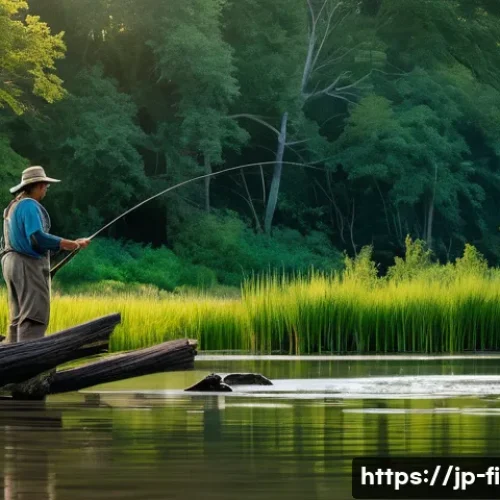 낚시 포인트 선정 요령 - A serene river scene at dawn with gentle, slow water currents creating subtle eddies and whirlpools ...