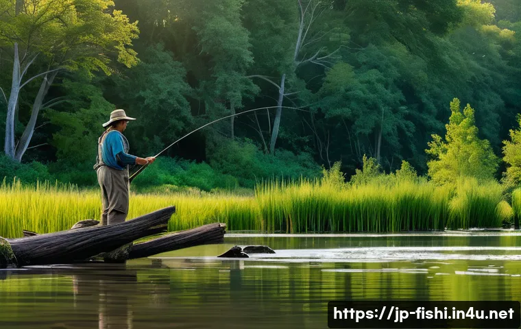 낚시 포인트 선정 요령 - A serene river scene at dawn with gentle, slow water currents creating subtle eddies and whirlpools ...