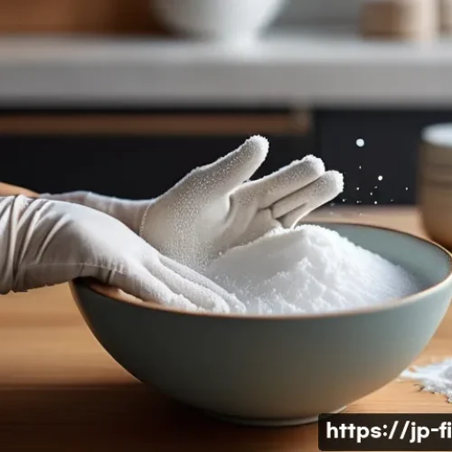 낚시 미끼 냄새 제거 팁 - A detailed close-up of hands gently soaking in a warm bowl of water mixed with baking soda, with sof...