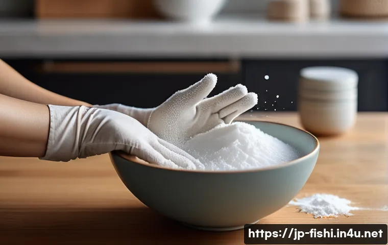 낚시 미끼 냄새 제거 팁 - A detailed close-up of hands gently soaking in a warm bowl of water mixed with baking soda, with sof...