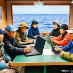 낚시 관련 온라인 커뮤니티 소개 - A vibrant online fishing community scene showing diverse Japanese anglers of various ages gathered a...