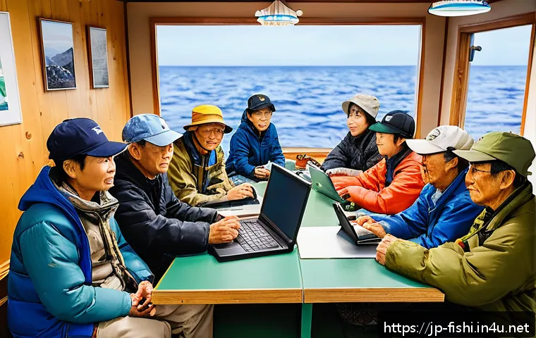 낚시 관련 온라인 커뮤니티 소개 - A vibrant online fishing community scene showing diverse Japanese anglers of various ages gathered a...