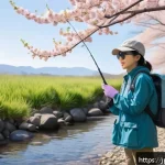 여성 낚시 장비 추천 - A young Japanese woman enjoying spring fishing by a calm river, dressed in lightweight pastel-colore...