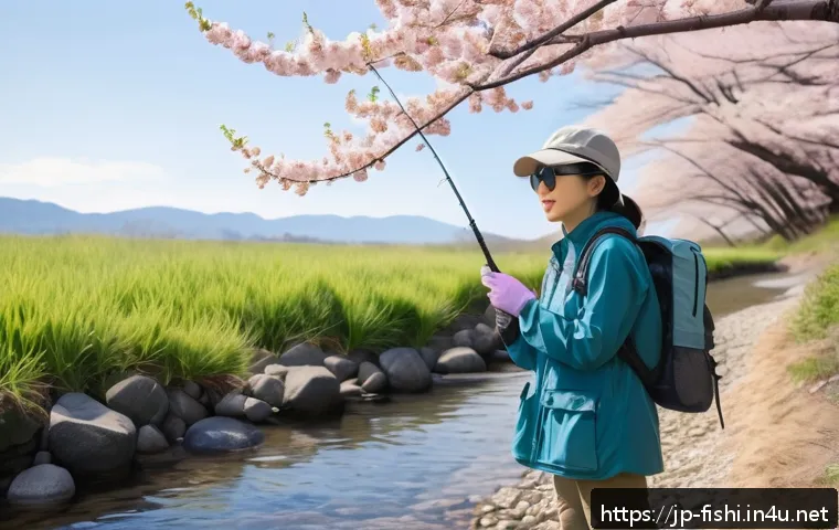 여성 낚시 장비 추천 - A young Japanese woman enjoying spring fishing by a calm river, dressed in lightweight pastel-colore...