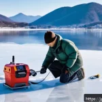 겨울철 얼음낚시 안전수칙 - A detailed scene of an ice fishing setup on a frozen lake in Japan during winter, featuring a person...