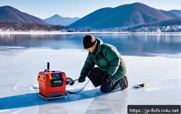 겨울철 얼음낚시 안전수칙 - A detailed scene of an ice fishing setup on a frozen lake in Japan during winter, featuring a person...